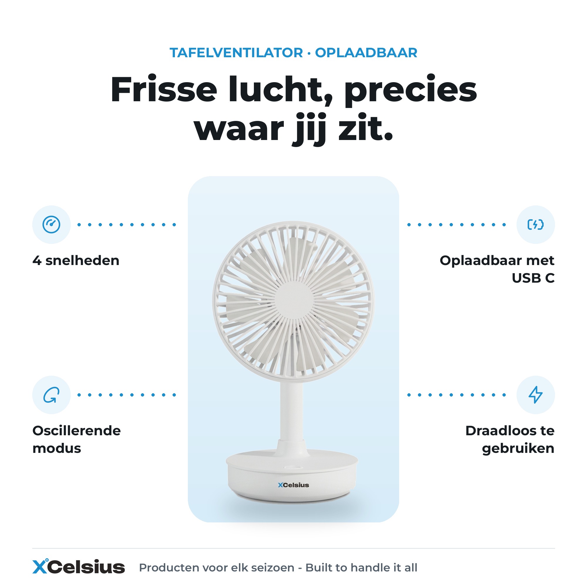 tafelventilator oplaadbaar met 4 snelheden wit