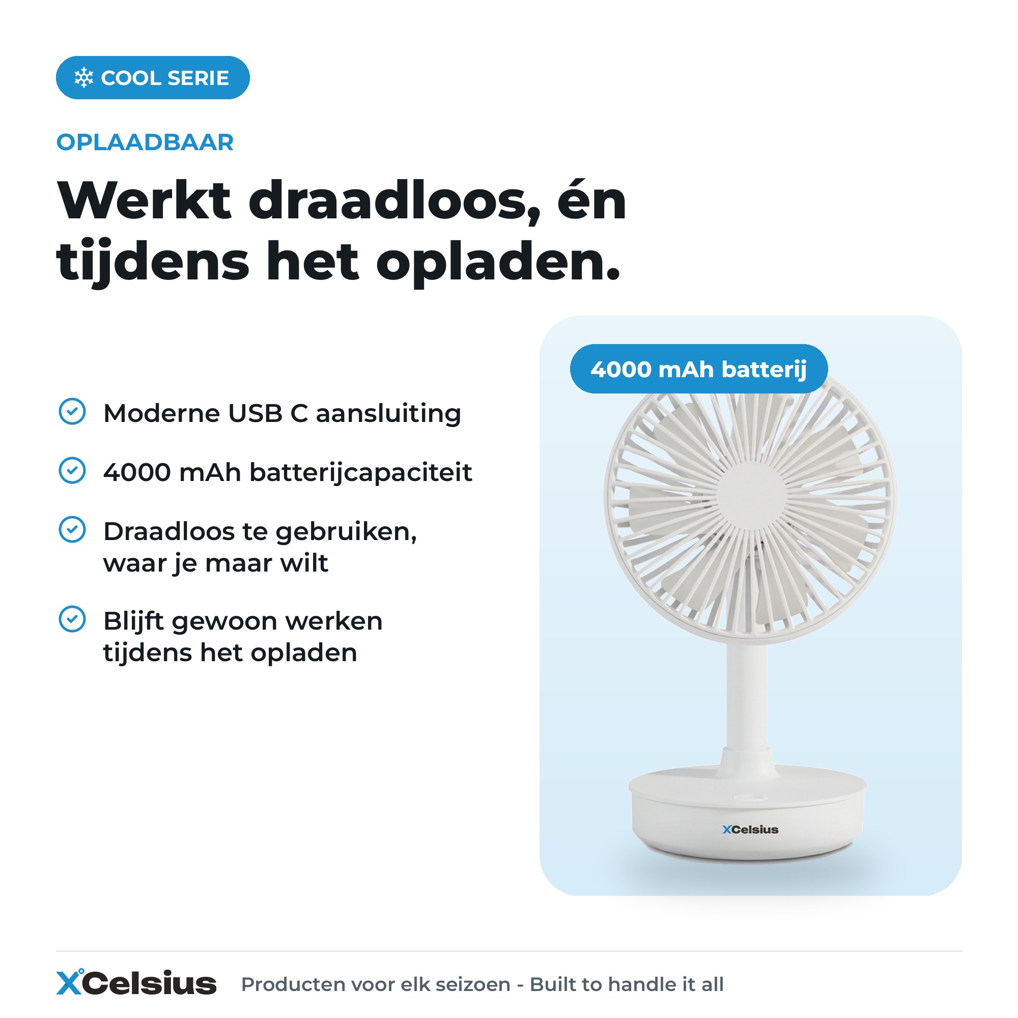 tafelventilator oplaadbaar met 4 snelheden wit