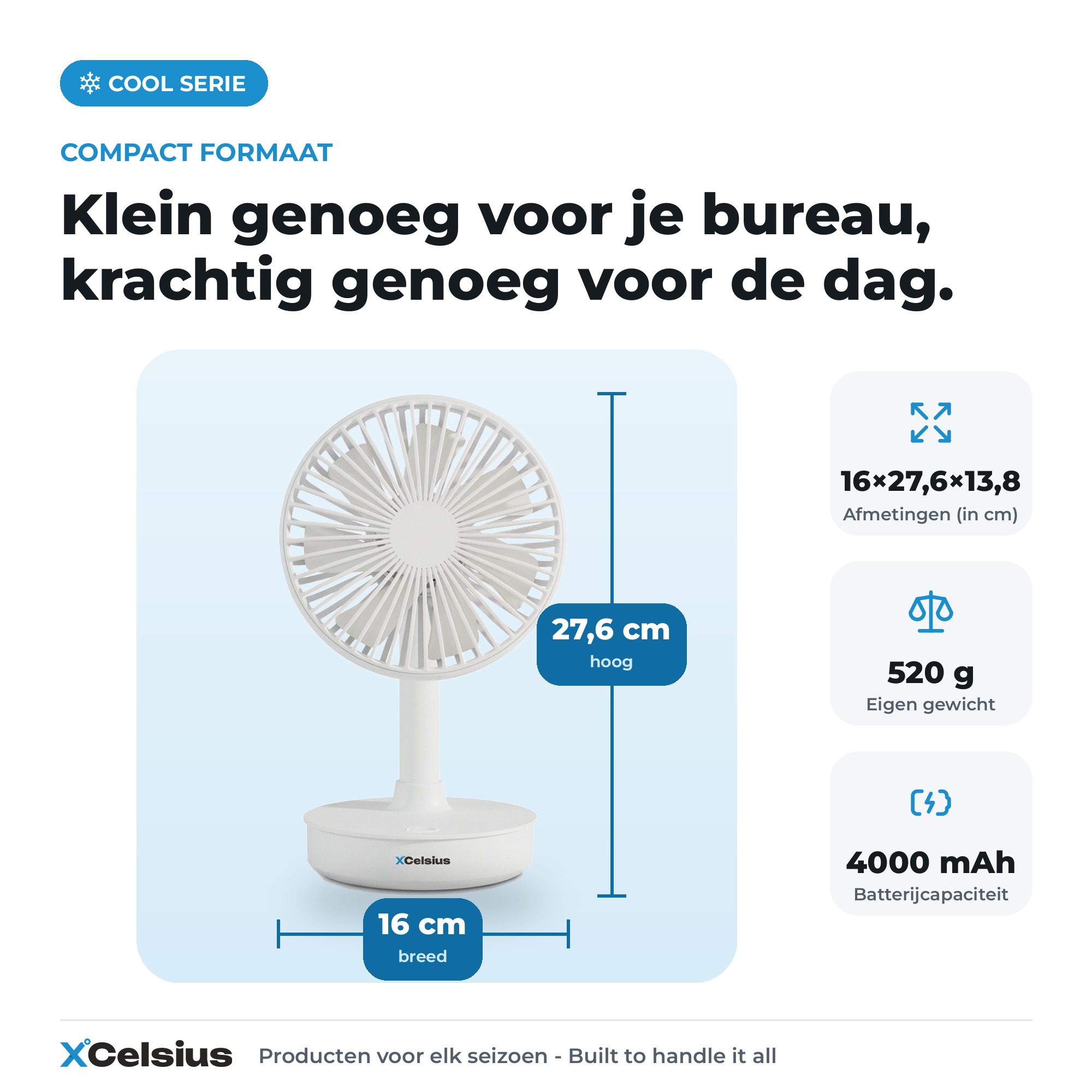 tafelventilator oplaadbaar met 4 snelheden wit